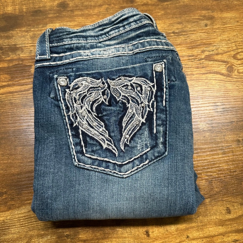 Miss Me Womens Wing Embroidered Rhinestone‎ Bootcut Jeans Blue Denim JP5431